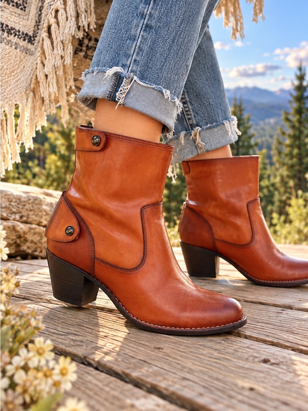 Frye Jackie Leather Ankle Boots 8B Cognac Brown Button Strap Western Block Heel